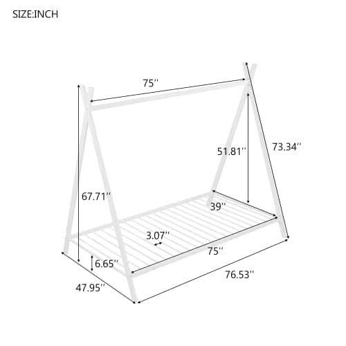 i-POOK Twin Size Metal Floor Bed with X-Frame Support & Decorative Slats, White