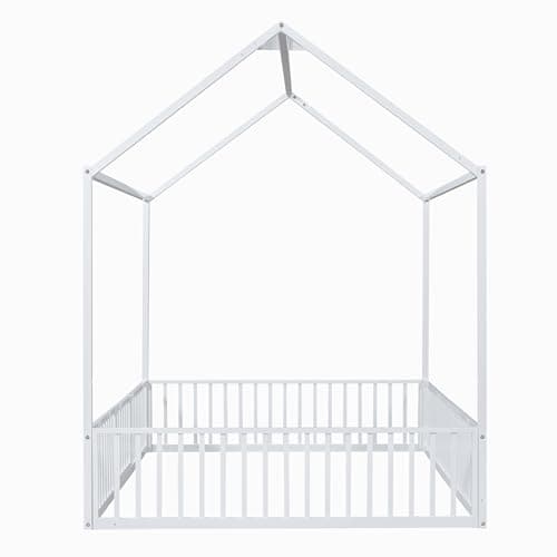 Merax Full Size Montessori Metal House Bed with Roof, White