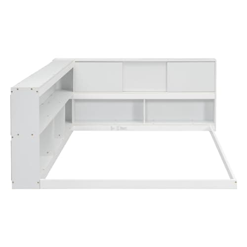 i-POOK L-Shaped Bookcase Corner Bed without Slats, Full Size Bed Frame for Children and Teens, White