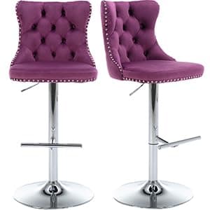 Navy Velvet Swivel Bar Stools, Tufted Back, Silver Chrome Base (2 Pcs)