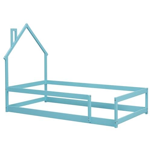 Pine Wood Twin Floor Bed with Safety Guardrail & House Headboard for Kids