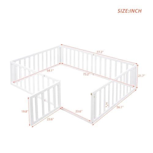 Montessori Floor Bed for Children Boys and Girls, White Wood Frame with Fence and Door