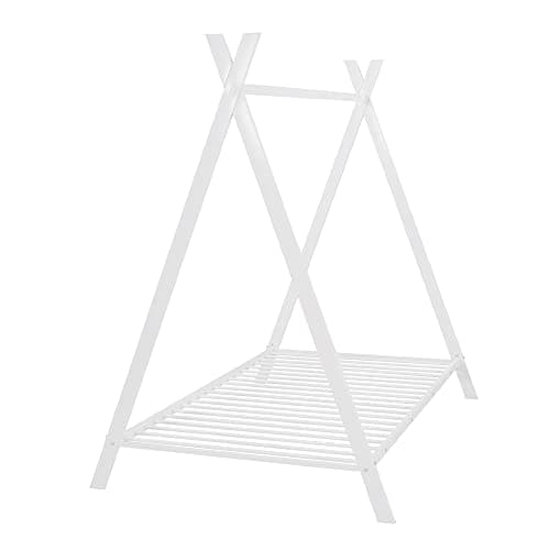 i-POOK Twin Size Metal Floor Bed with X-Frame Support & Decorative Slats, White