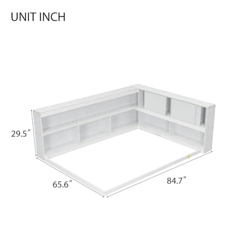 i-POOK L-Shaped Bookcase Corner Bed without Slats, Full Size Bed Frame for Children and Teens, White