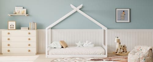 Montessori Twin Size Floor Bed with Fence, White