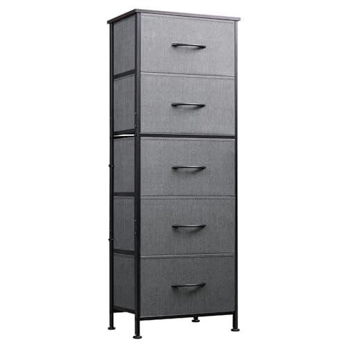 WLIVE 5-Drawer Fabric Dresser with Wood Top - Tall Storage Organizer for Bedroom, Closet, or Hallway in Dark Grey