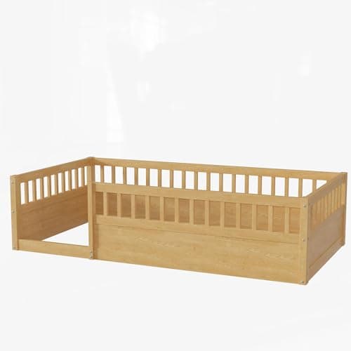 Montessori Twin Floor Bed with Fence & Open Door, High Guardrails &Wood Baffle Design,Natural