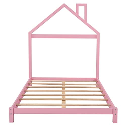 i-POOK Montessori Full Size Wooden Platform Bed with Pink House-Shaped Headboard