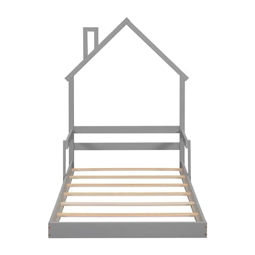 Montessori Twin Floor Bed with Roof & Safety Guardrails, Grey,No Box Spring Needed