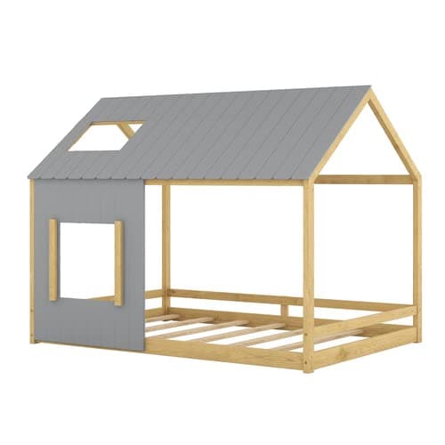i-POOK Twin Size House Bed with Roof and Window, Gray+Natural