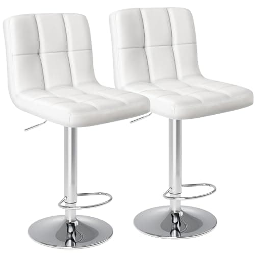 DUMOS Adjustable Swivel Bar Stools, PU Leather Seat, Thick Cushion, White