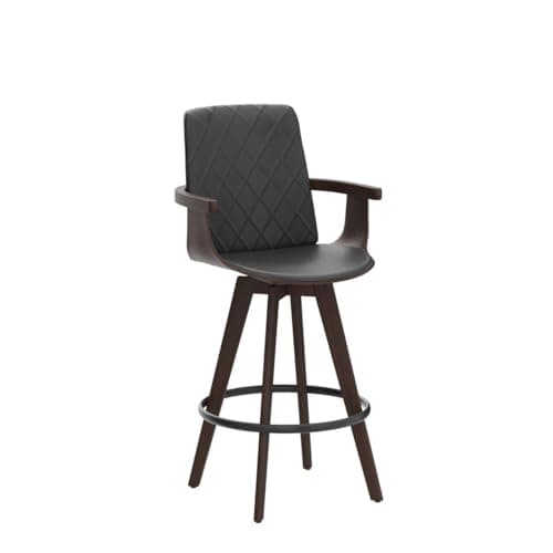 Set of 2 Upholstered Faux Leather Swivel Bar Stools with Wooden Arms and Legs, 25.6-Inch Seat Height (Black, 26 Counter Height)