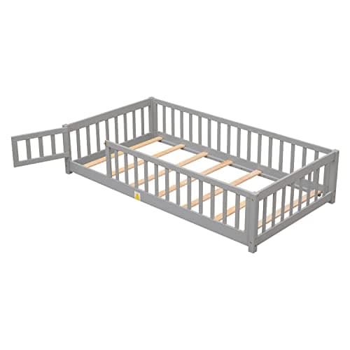 Children Twin Size Montessori Floor Bed Frame with Guardrails, Door, Solid Wood Platform - Gray