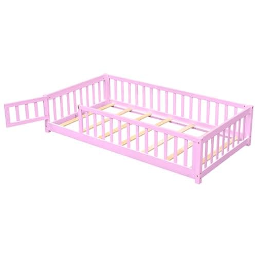 Solid Wood Montessori Twin Floor Bed with Safety Guardrails for Children - Pink
