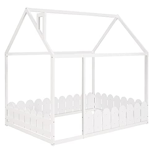 White Wood Cabin Bed Frame for Kids, Teens, Girls, Boys, Adults