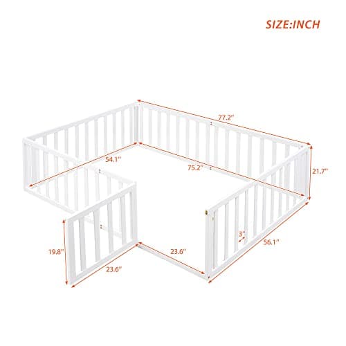 White Full-Size Montessori Floor Bed with Fence and Door