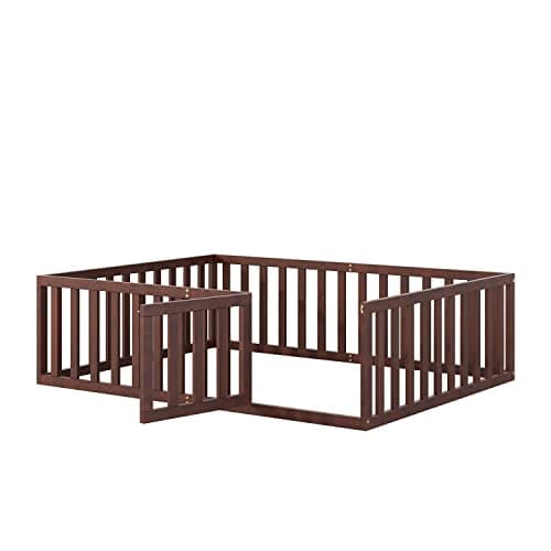 Full Size Montessori Bed Frame with Safety Guardrails and Door, Walnut