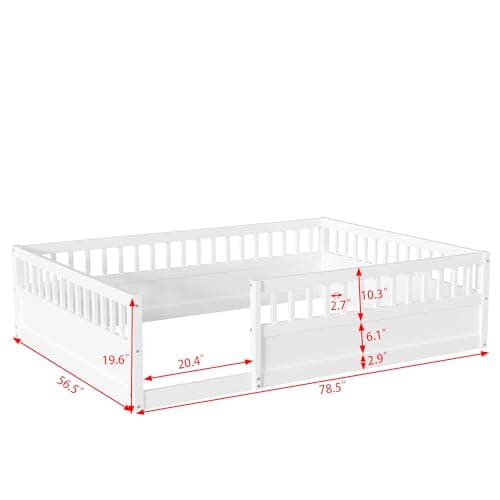 Montessori Full Size Bed with Fence & Open Door, White