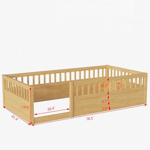 Montessori Twin Floor Bed with Fence & Open Door, High Guardrails &Wood Baffle Design,Natural