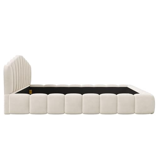LUSPAZ Beige Queen Size Floor Bed with Shell Headboard and Vertical Seams
