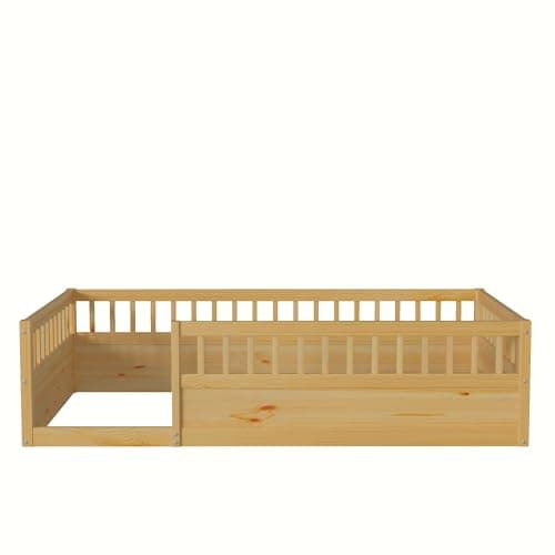 Wanttii Twin Size Toddler Floor Bed with Safety Fence (Natural)