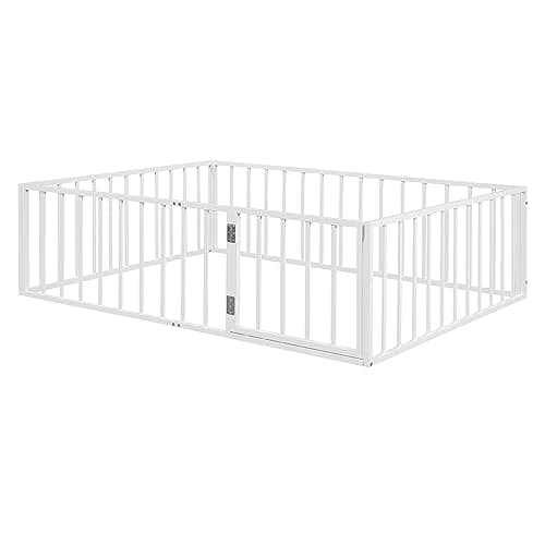 Full Size Metal Fence Bed with Door, Versatile Montessori, No Box Spring Needed, Easy Install, White