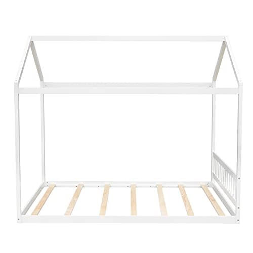 LUSPAZ Queen Size Wood House-Shaped Floor Bed Frame for Toddlers and Babies, Modern Montessori Design, No Box Spring Needed, White