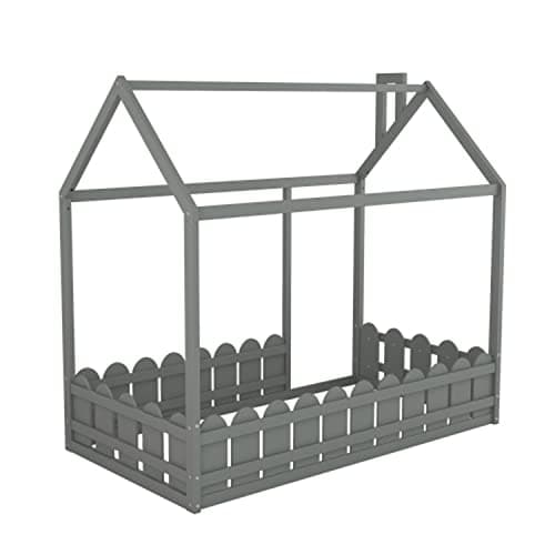 Wood House Bed Frame for Kids, Twin Size with Fence & Roof, Full-Length Guardrail, Gray
