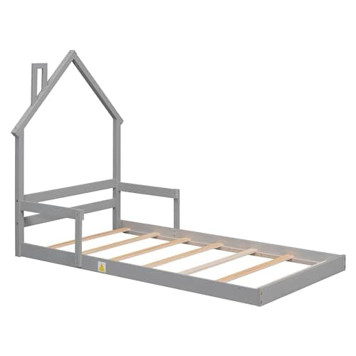 Montessori Twin Floor Bed with Roof & Safety Guardrails, Grey,No Box Spring Needed