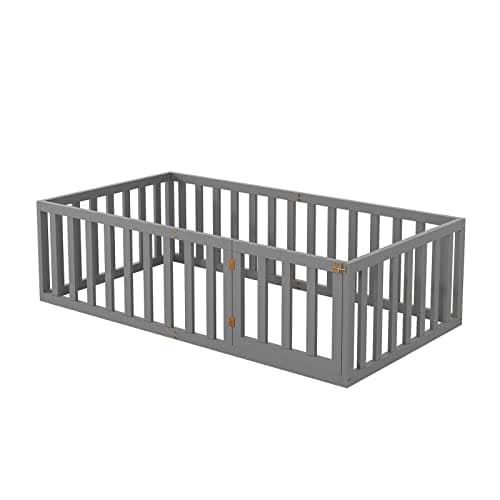 i-POOK Gray Twin Size Floor Bed with Safety Fence & Door