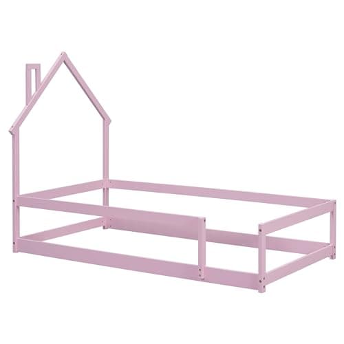 Montessori Twin Floor Bed for Kids with Roof & Guardrails, Pink