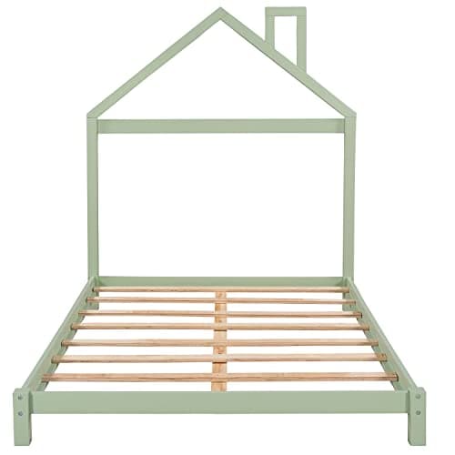i-POOK Montessori Full Size Wood Platform Bed, Green, No Box Spring Needed