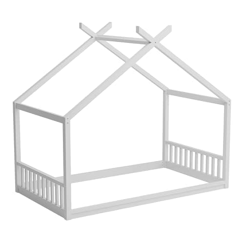 Montessori Twin Size Floor Bed with Fence, White
