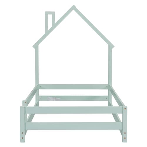 Montessori Twin Floor Bed with House-Shaped Headboard and Fence Guardrails
