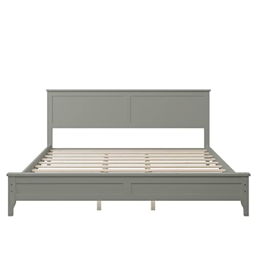 i-POOK Gray King Size Solid Wood Platform Bed with Headboard and Wood Slat Support