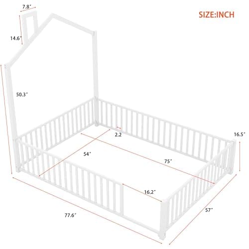 Full Size Metal Montessori Bed with Guardrail, White