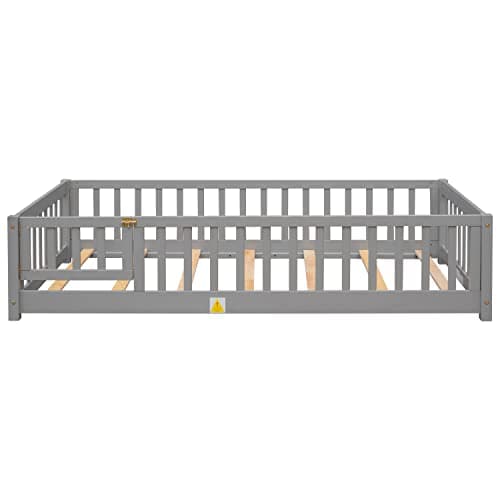 Grey Twin Size Montessori Bed Frame with Fence & Door, Easy Assemble