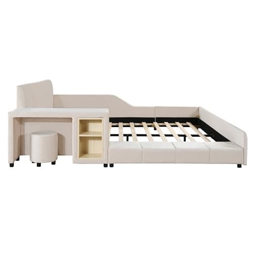 Beige Velvet Upholstered Queen Bed with Desk & Stool, No Box Spring Required