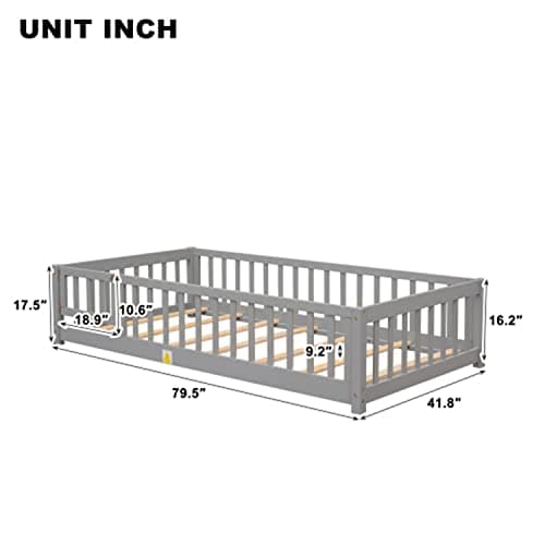 Solid Wood Montessori Floor Bed for Children with Safety Guardrails, Gray (Twin Size)
