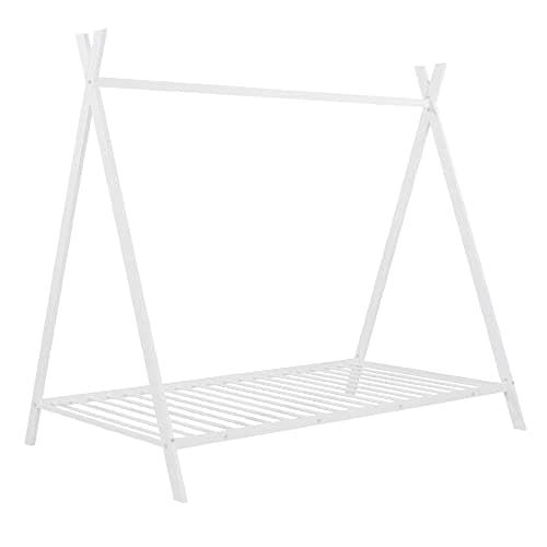 i-POOK Twin Size Metal Floor Bed with X-Frame Support & Decorative Slats, White