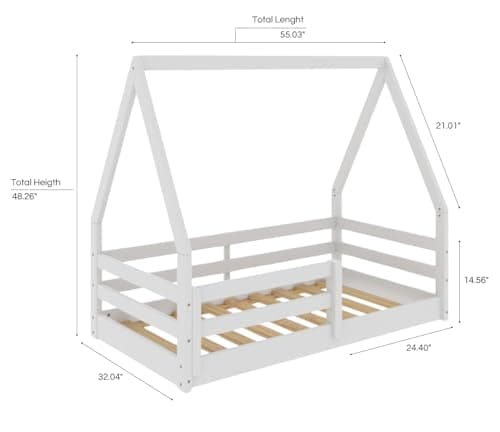 Toddler Size Montessori House Bed, Solid Pine Wood, White