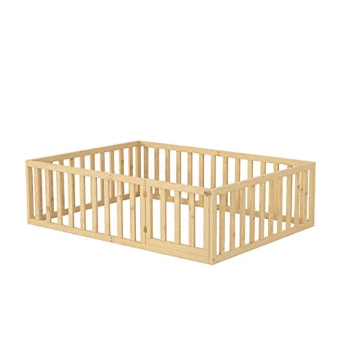 Wooden Montessori Full Size Bed Frame with Safety Rails for Kids, Easy Assembly, Natural Wood Finish