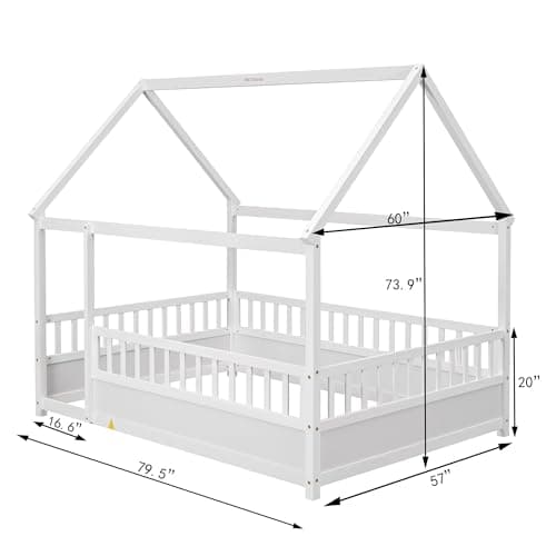 Full Size Wood Montessori Floor Bed with High Fence & Roof