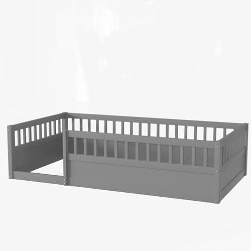 Montessori Twin Bed with High Railings for Kids, Gray