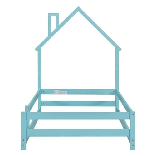 Montessori Twin Floor Bed with House-Shaped Headboard and Fence Guardrails for Toddlers in Blue