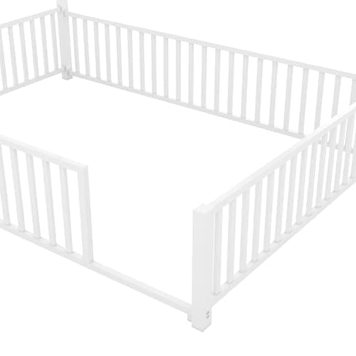 Full Size Metal Montessori Bed with Guardrail, White