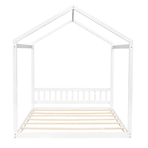 LUSPAZ Queen Size Wood House-Shaped Floor Bed Frame for Toddlers and Babies, Modern Montessori Design, No Box Spring Needed, White