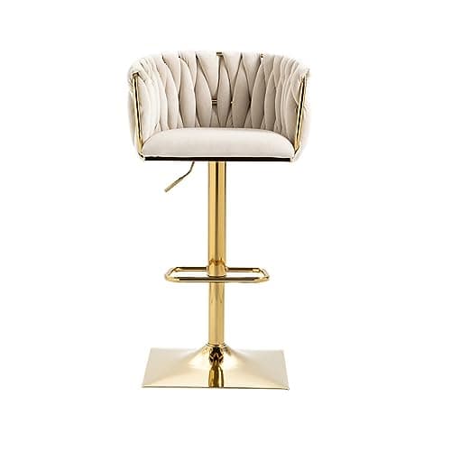 Modern Fabric Upholstered Swivel Bar Stools Set of 2 with Adjustable Height, Woven Back, and Footrest, Ivory