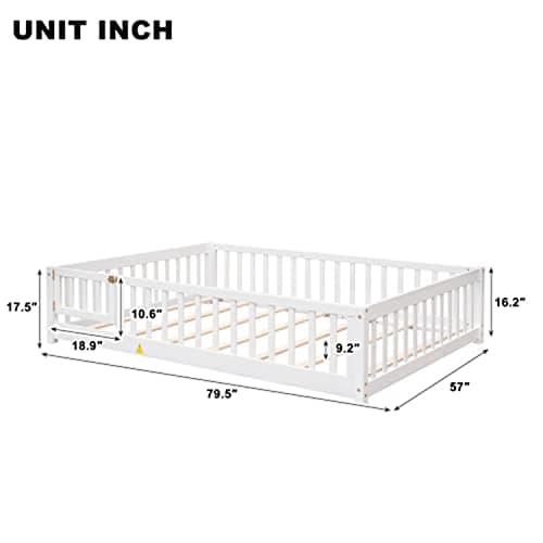 Full Size Montessori Floor Bed for Children, Solid Wood Frame with Safety Guardrails, White