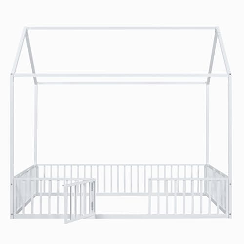 Merax Full Size Montessori Metal House Bed with Roof, White